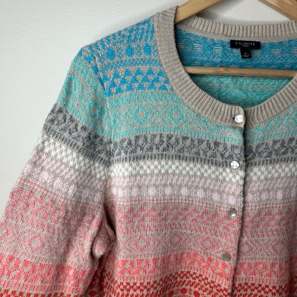 Talbots Cardigan Womens Sz X Rainbow Fair Isle Lambs Wool Mohair Blend Nordic - Picture 4 of 10